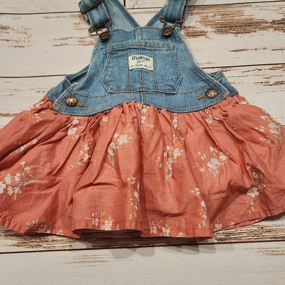 OSH KOSH Denim Overall Dress Floral Peach Baby Girl 12 Months